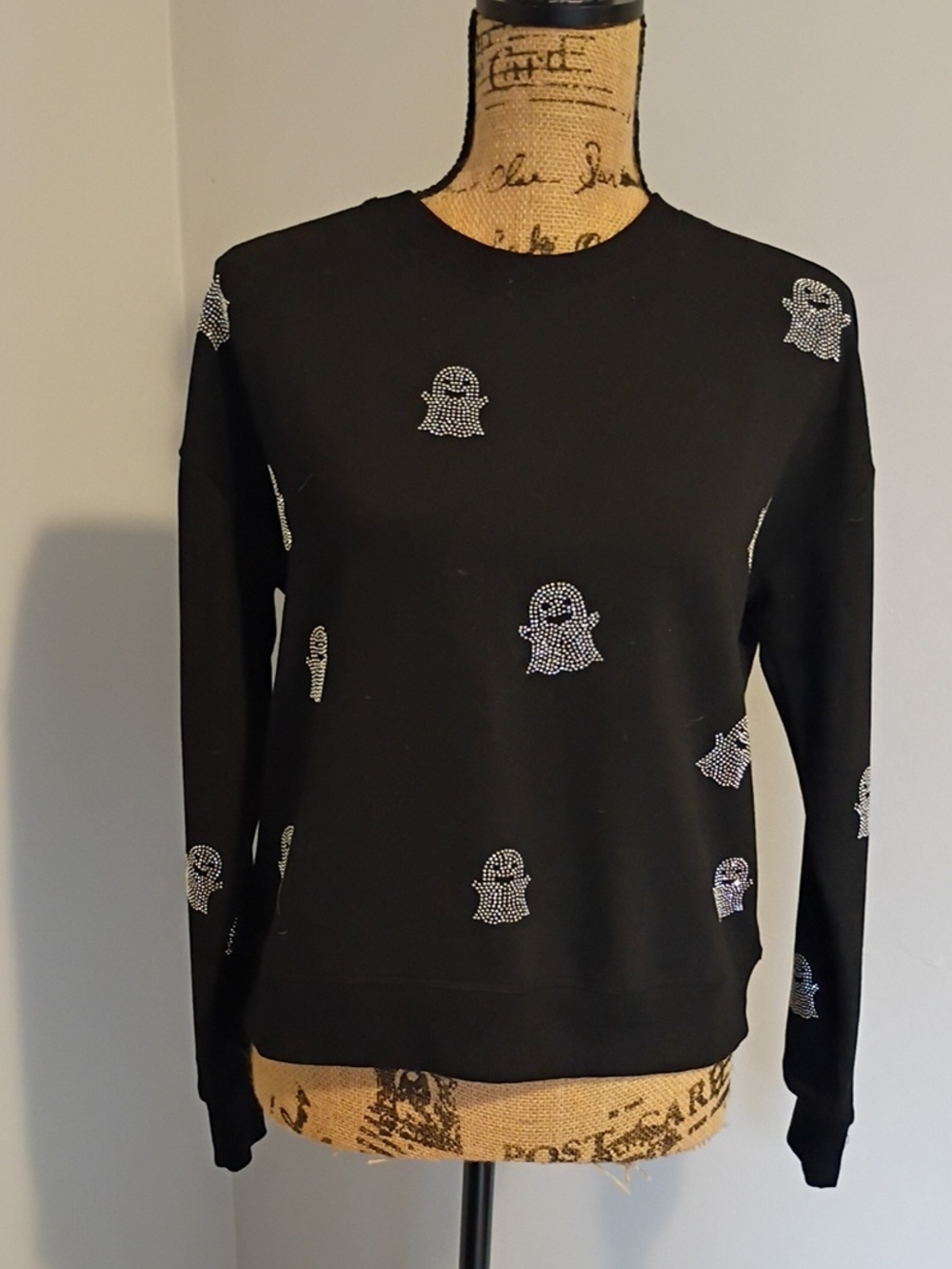 Marled Black Crewneck Sweater with Silver Crystal Ghost Accents